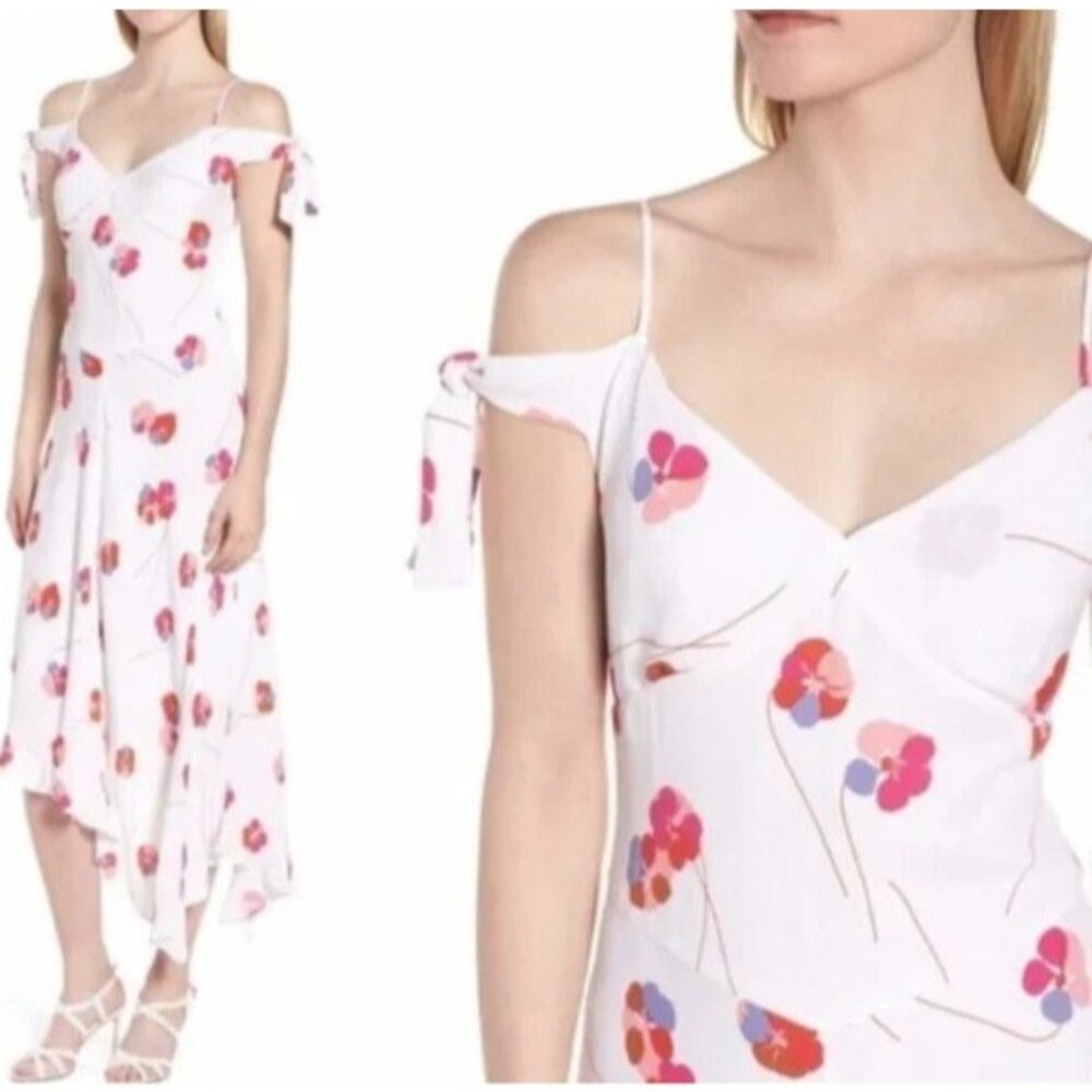Lewit Womens 4 Tie Sleeve Cold Shoulder Floral Midi‎ Flounce Dress Asymmetrical